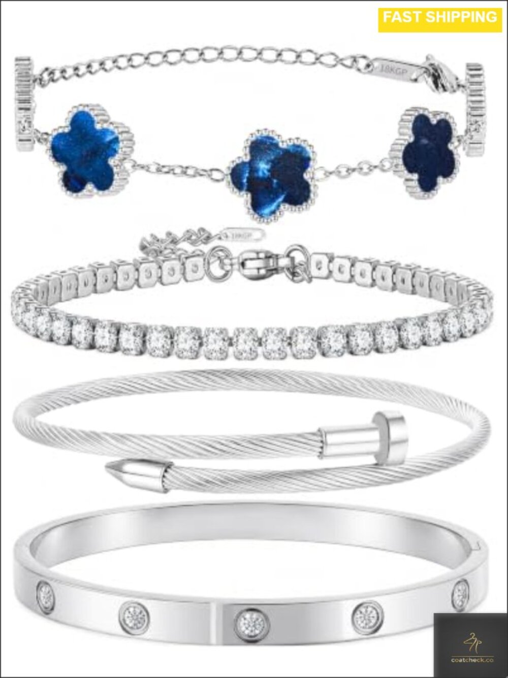 4pc Stainless Steel Stackable Bangle Bracelet Set Floral Tennis Cable